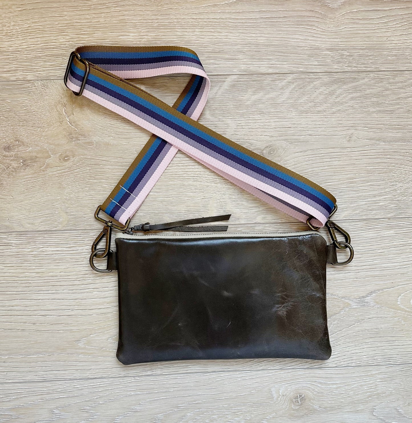 Gray leather cross body purse