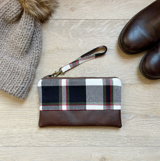 Black, red, green and cream plaid flannel wristlet