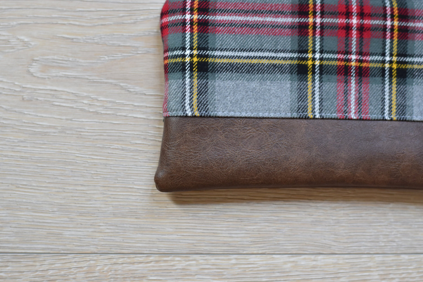 Gray, black and red plaid flannel wristlet