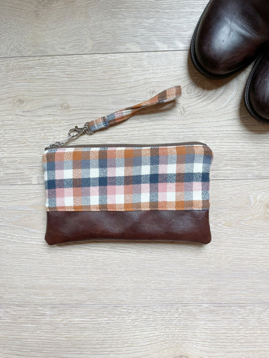Navy, pink, brown and white plaid flannel wristlet