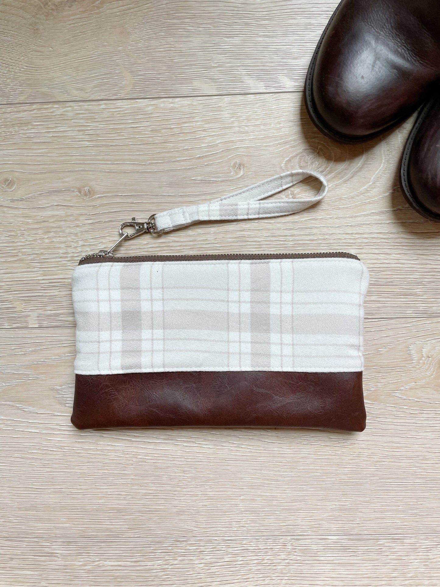 White and Tan Plaid Flannel Wristlet
