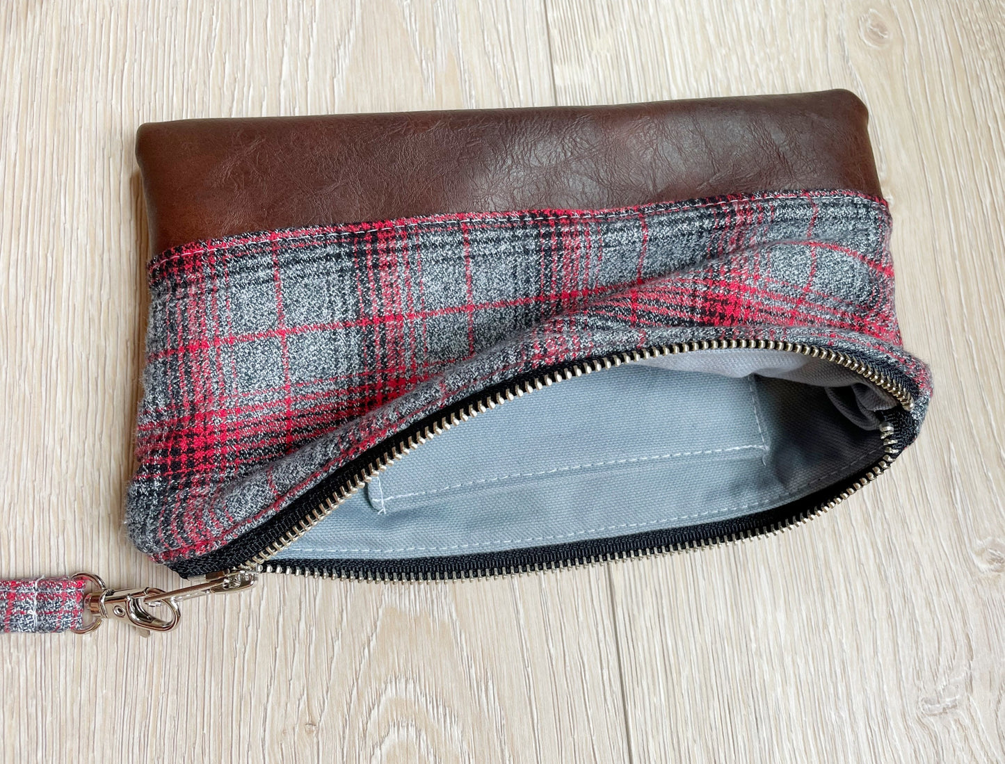 Red, black and gray plaid flannel wristlet