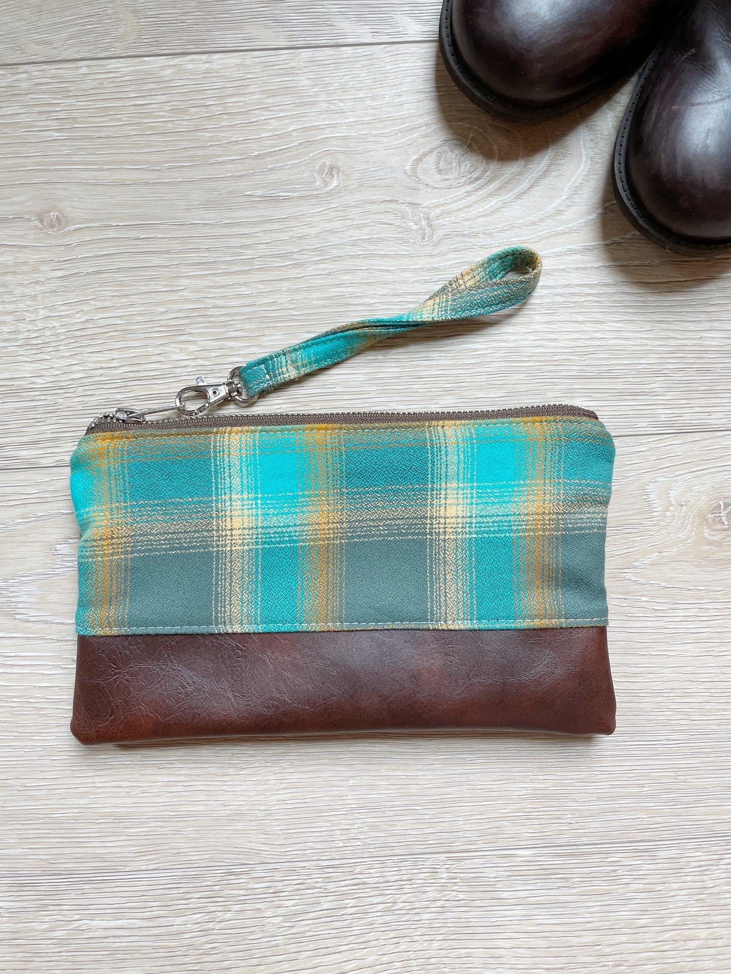 Green and yellow plaid flannel wristlet