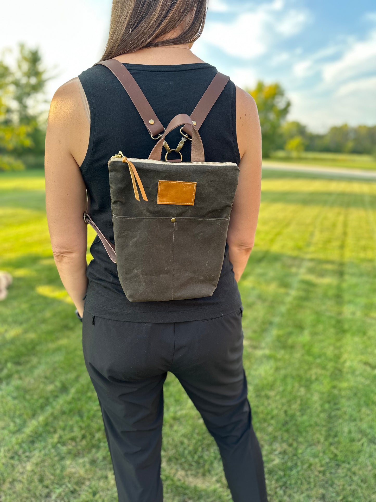 Small Dark Green Waxed Canvas backpack