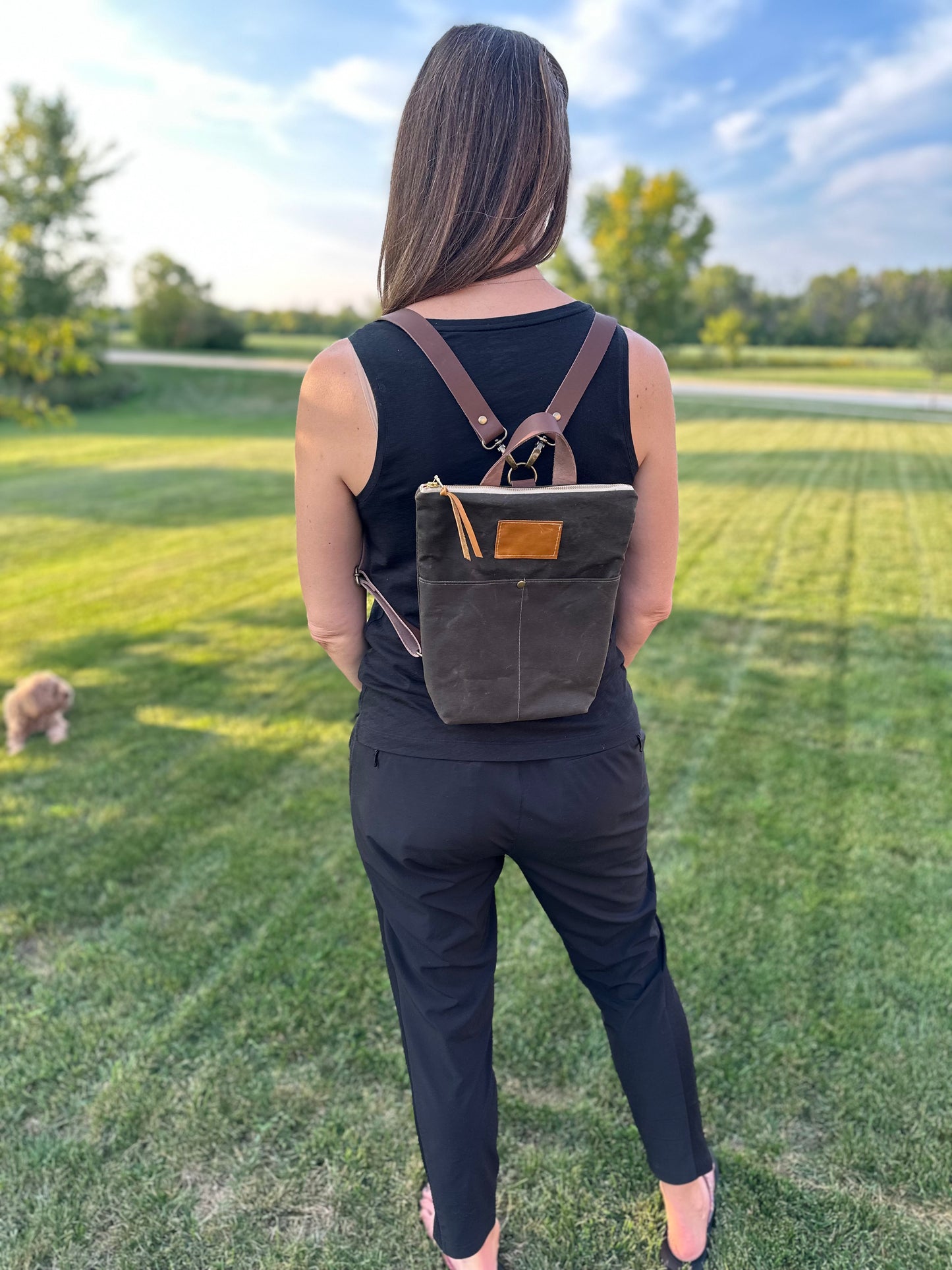 Small Dark Green Waxed Canvas backpack