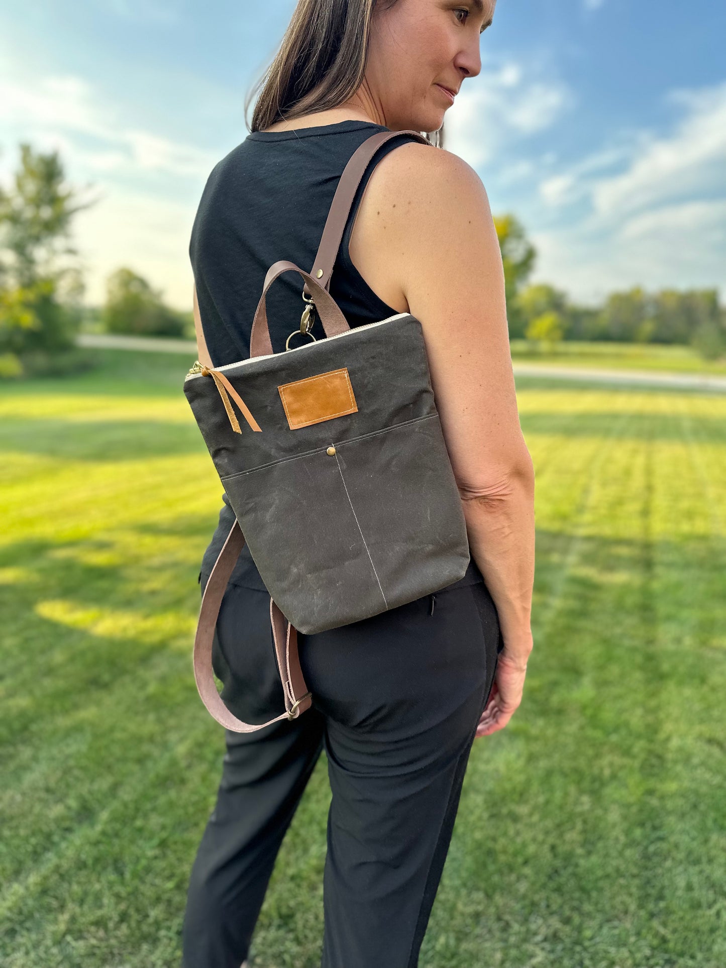 Small Dark Green Waxed Canvas backpack