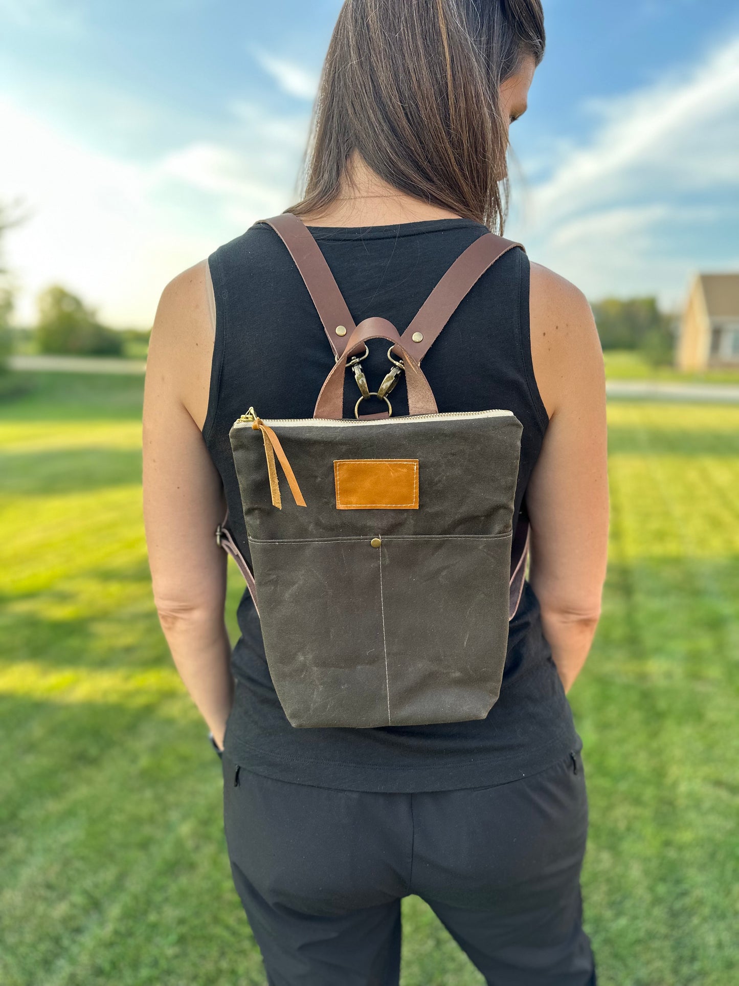 Small Dark Green Waxed Canvas backpack