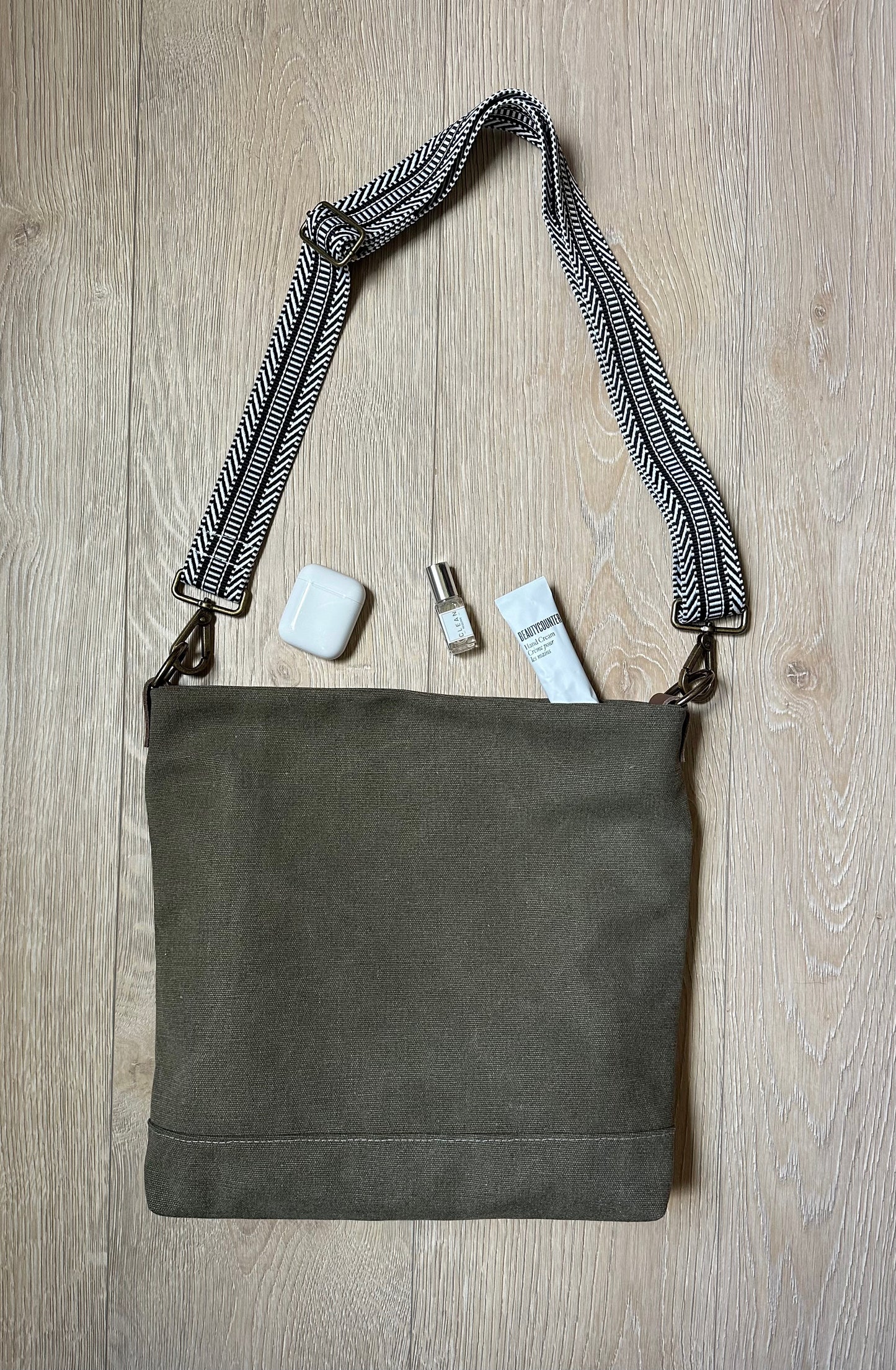 Green Canvas Cross Body Bag with Black and White Strap