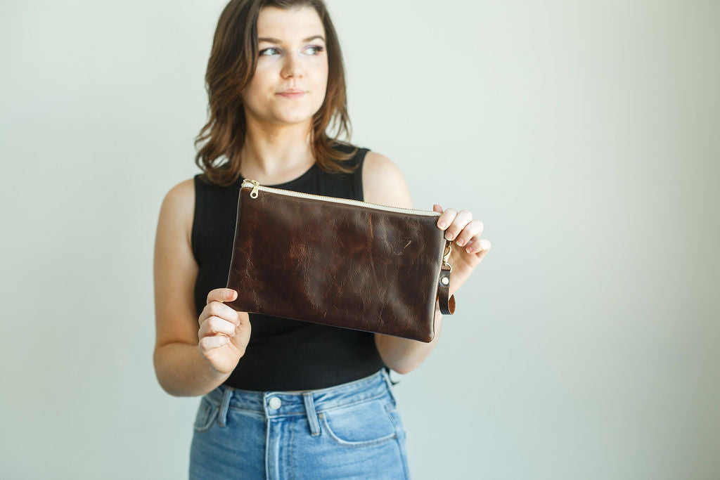 Chocolate Brown Leather wristlet