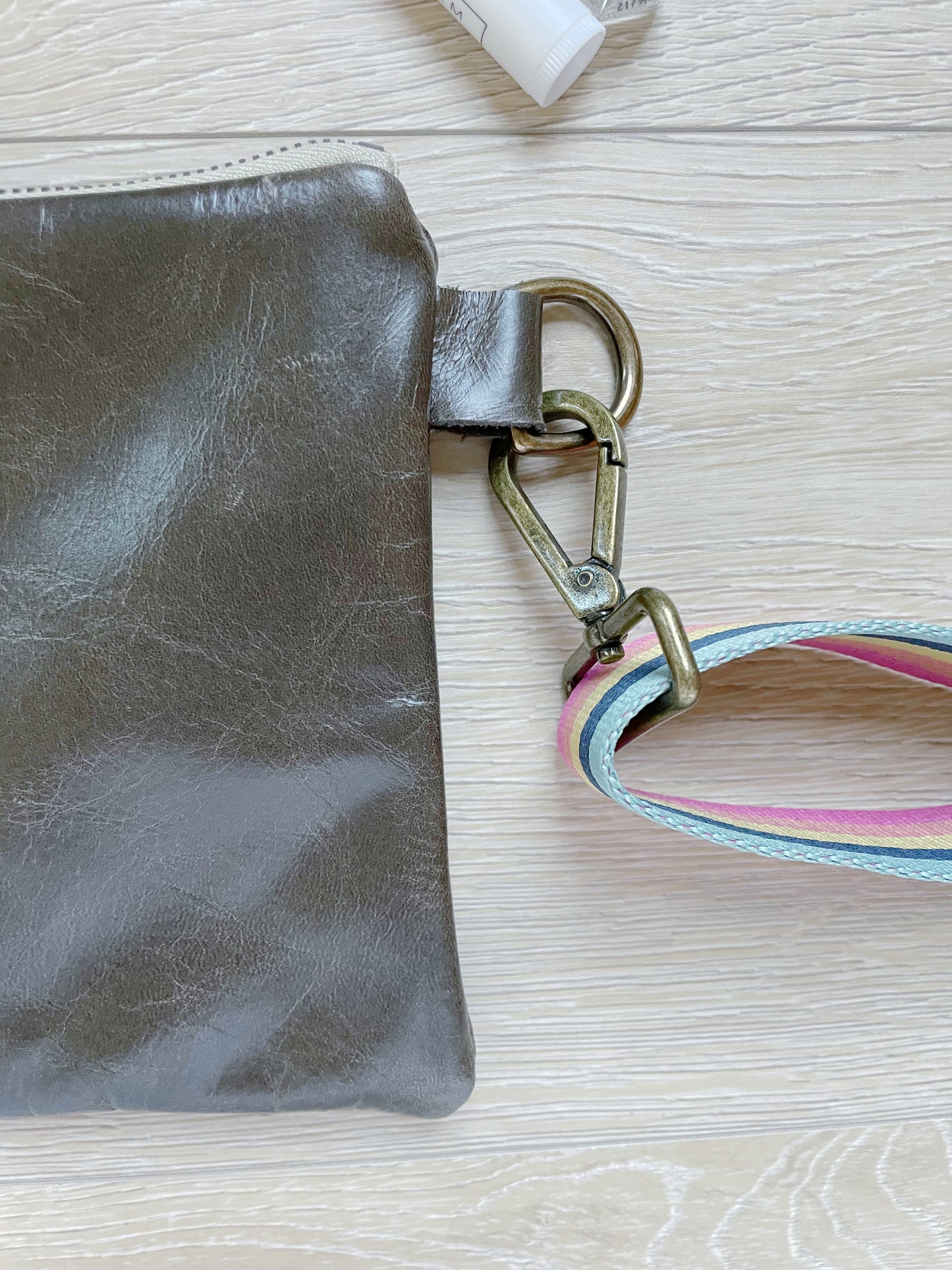 Gray leather cross body purse