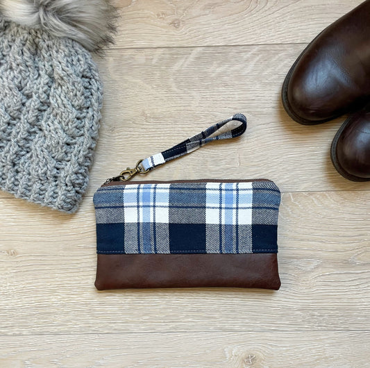 Navy and white plaid flannel wristlet