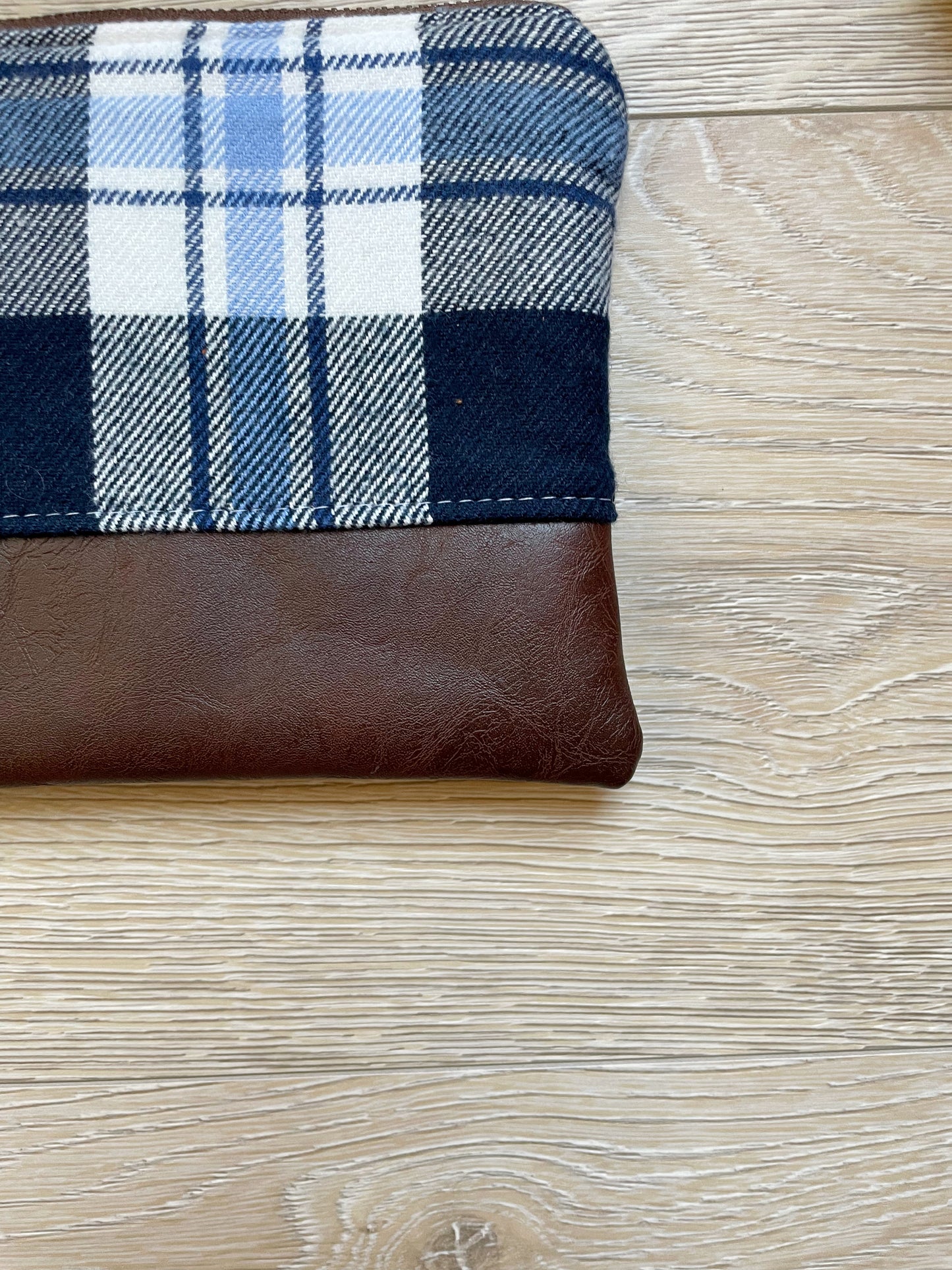 Navy and white plaid flannel wristlet