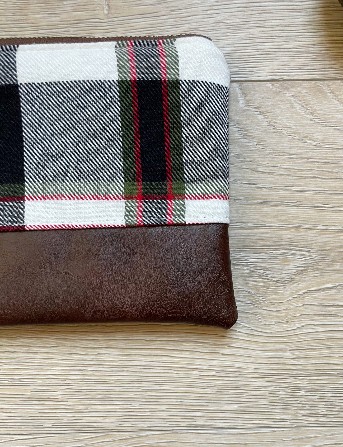 Black, red, green and cream plaid flannel wristlet