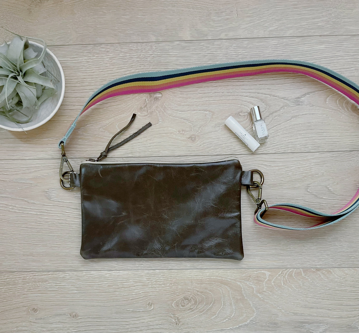 Gray leather cross body purse