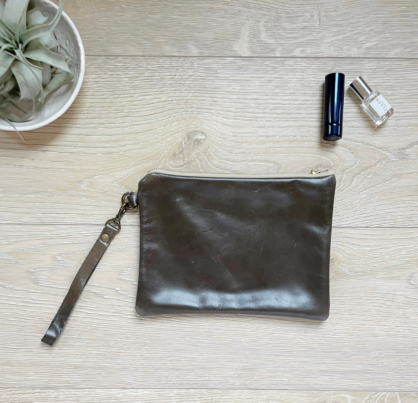 Small Gray Leather wristlet