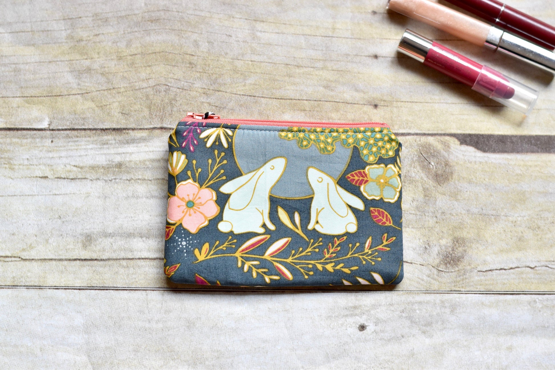 coin pouch with blue and coral bunny fabric