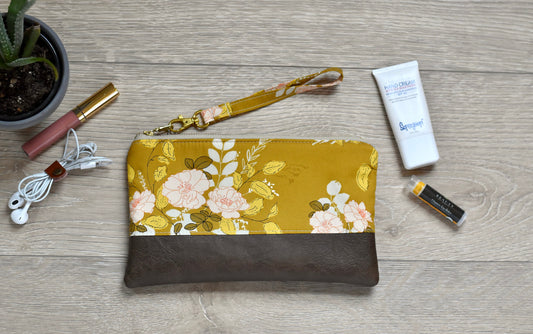 Mustard and Pink Floral Wristlet