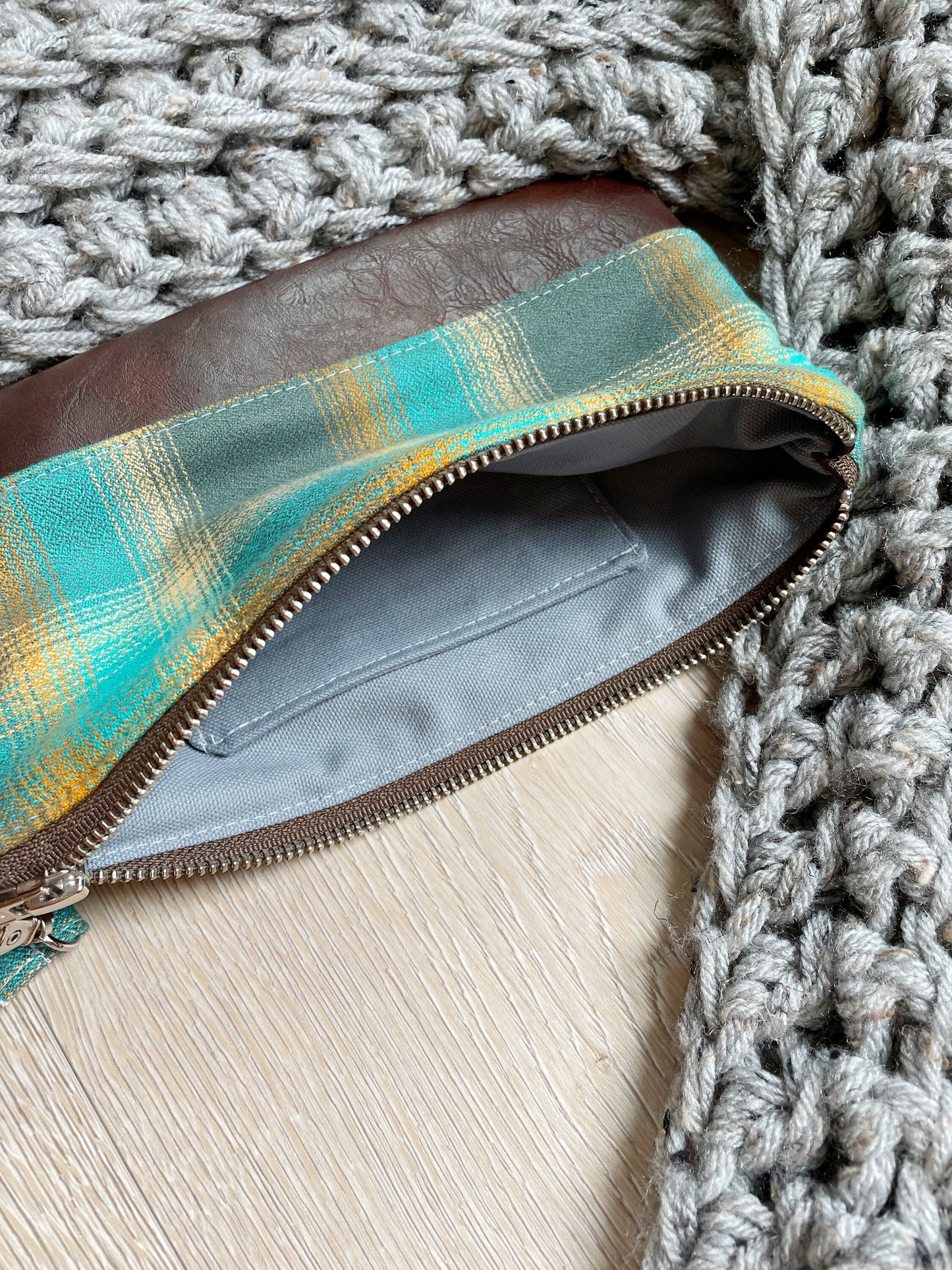 Green and yellow plaid flannel wristlet