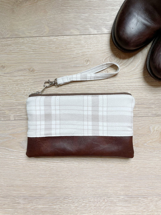 White and Tan Plaid Flannel Wristlet