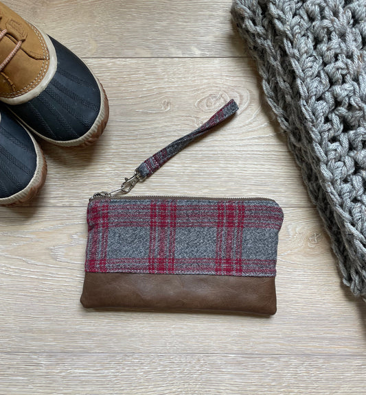Red and Gray Plaid Flannel Wristlet
