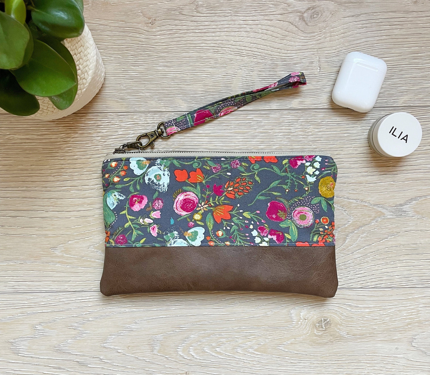 Pink and Gray Floral Wristlet